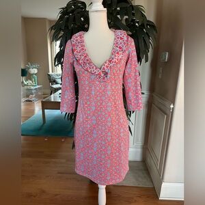 🧡Gretchen Scott Blue & Coral Orange Ruffle Neckline Stretch 3/4 Sleeve Dress S💙